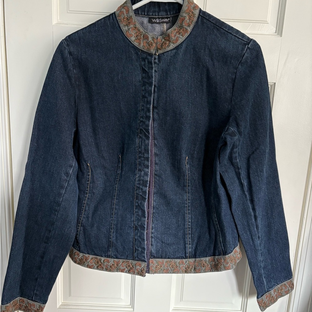 Willi Smith Dark Blue Jean Jacket with Patterned Trim